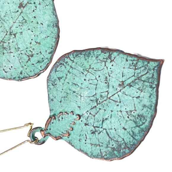 HANDCRAFTED Large Verdigris Metal Leaf Earrings - Picture 2 of 12